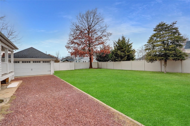 view of yard with an outbuilding and a fenced backyard