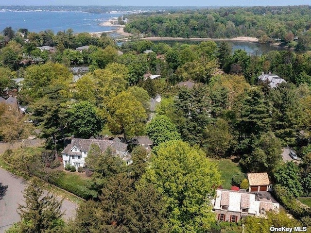 birds eye view of property with a water view and a wooded view