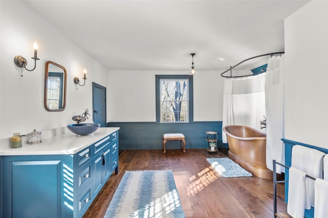 bathroom with hardwood / wood-style flooring, vanity, and a bathing tub