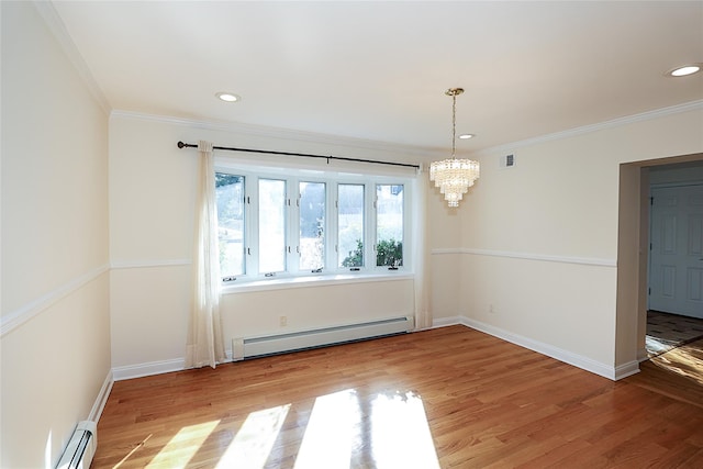 empty room featuring crown molding, baseboards, baseboard heating, light wood-style flooring, and an inviting chandelier