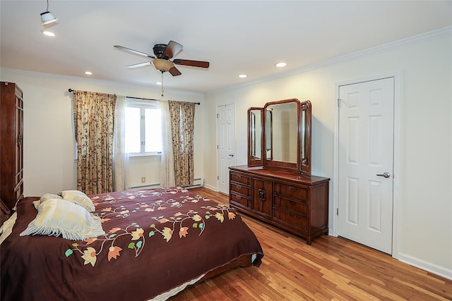 bedroom featuring recessed lighting, light wood-type flooring, baseboards, and ornamental molding