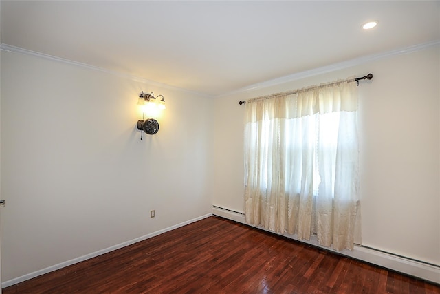 spare room featuring recessed lighting, ornamental molding, baseboards, and dark wood-style flooring