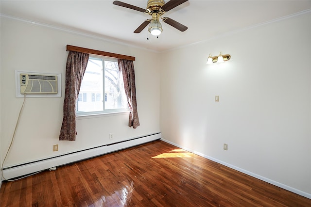 unfurnished room with ceiling fan, hardwood / wood-style flooring, a wall mounted air conditioner, crown molding, and baseboard heating