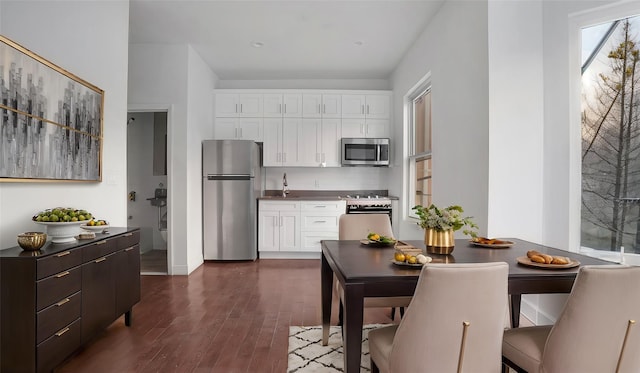 kitchen featuring white cabinetry, stainless steel appliances, backsplash, dark brown cabinets, and dark wood-type flooring