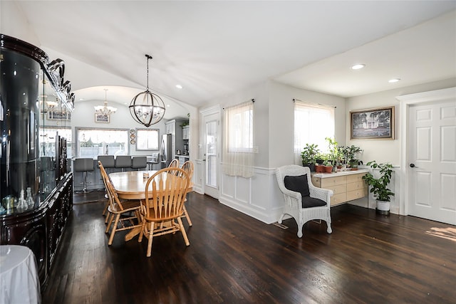 59 Lauren Ave, Dix Hills, NY 11746 - dining area with lofted ceiling, a chandelier, dark wood finished floors, and recessed lighting