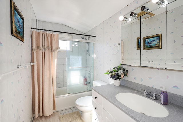 59 Lauren Ave, Dix Hills, NY 11746 - full bathroom with tile patterned flooring, toilet, vanity, vaulted ceiling, and shower / bathtub combination with curtain