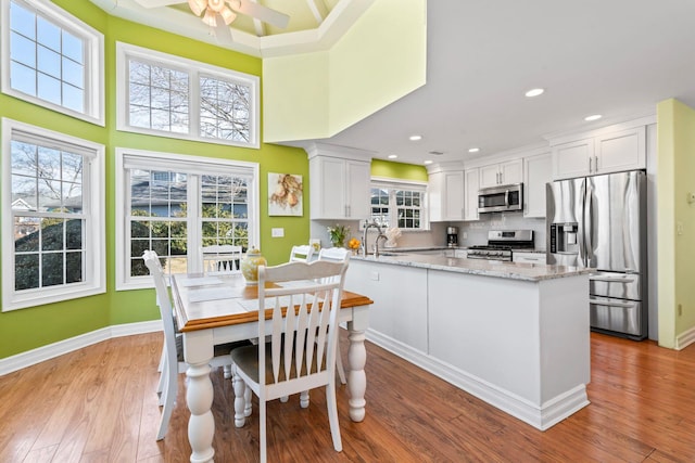 kitchen with light wood-type flooring, white cabinetry, appliances with stainless steel finishes, and backsplash