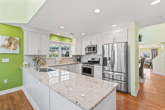 kitchen featuring appliances with stainless steel finishes, a peninsula, a sink, white cabinetry, and backsplash