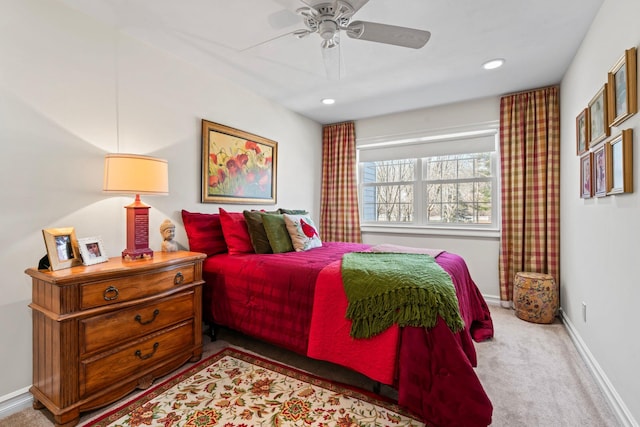 bedroom featuring ceiling fan, recessed lighting, carpet, and baseboards