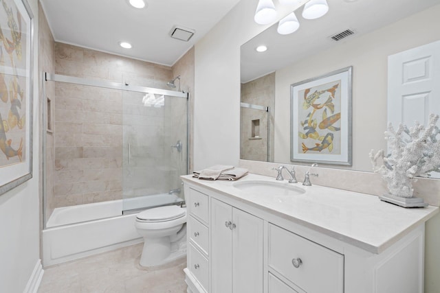 full bathroom with visible vents, toilet, combined bath / shower with glass door, vanity, and recessed lighting