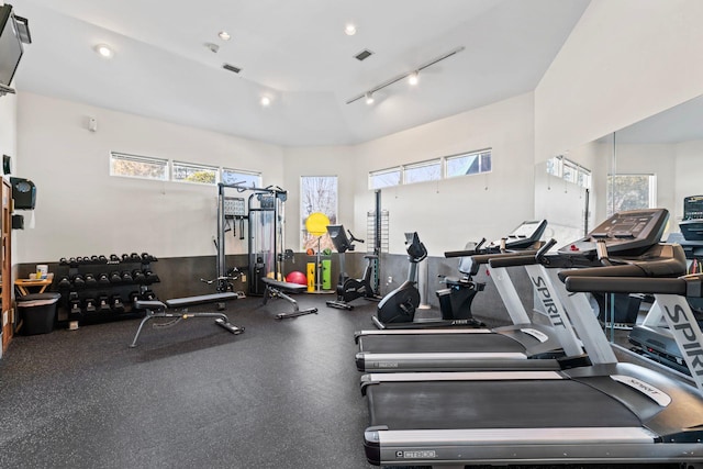 gym with recessed lighting, visible vents, and track lighting