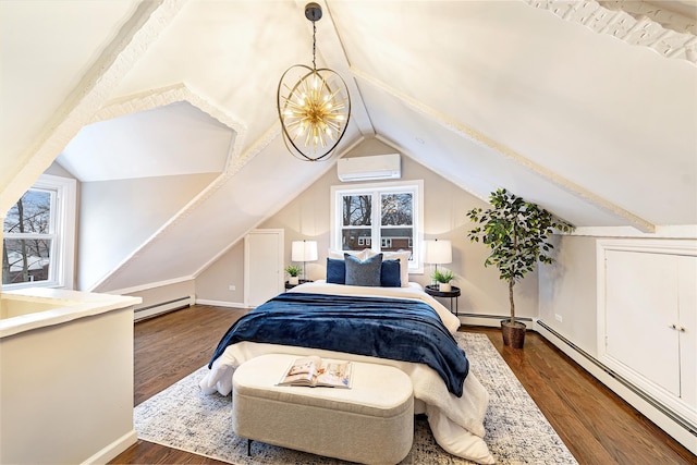 bedroom with dark wood-style floors, an AC wall unit, multiple windows, and lofted ceiling