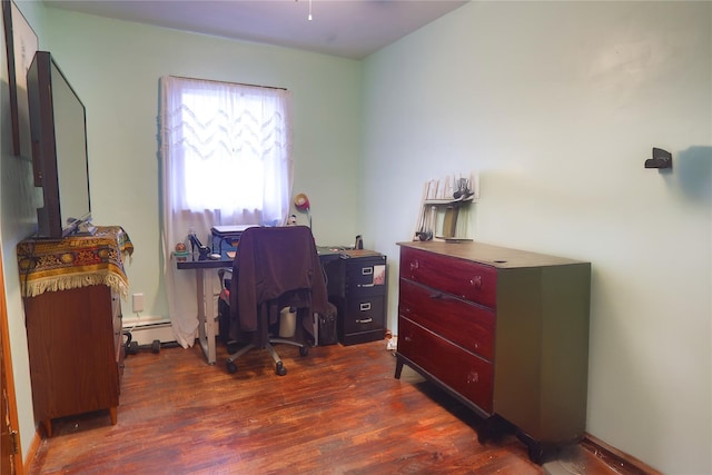 home office with dark hardwood / wood-style flooring and a baseboard heating unit