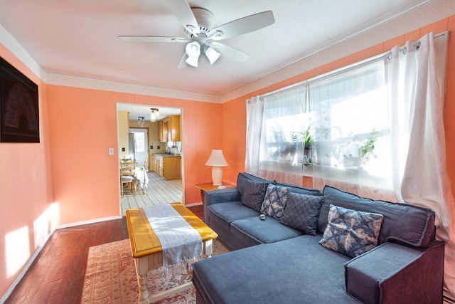 203 Front Ave, Brentwood, NY 11717 - living area featuring wood finished floors, a ceiling fan, and baseboards