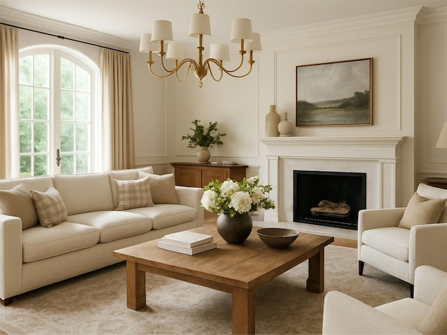 3919 Pratt Ave, Bronx, NY 10466 - living room with a decorative wall, a chandelier, crown molding, and a fireplace