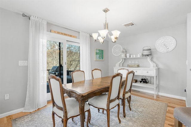 dining area featuring light wood finished floors, baseboards, visible vents, and a notable chandelier