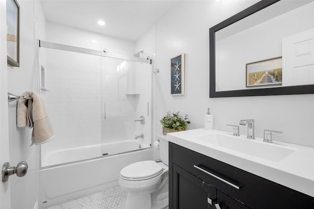 full bath with bath / shower combo with glass door, toilet, tile patterned flooring, vanity, and recessed lighting