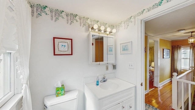 bathroom featuring wood-type flooring, vanity, and toilet