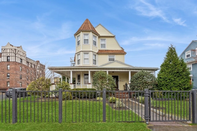 victorian-style house featuring covered porch and a front yard