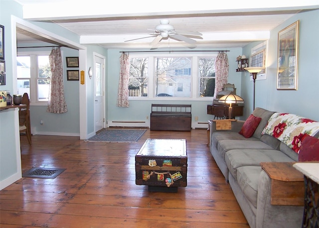 living area with beam ceiling, wood-type flooring, visible vents, baseboard heating, and a baseboard heating unit