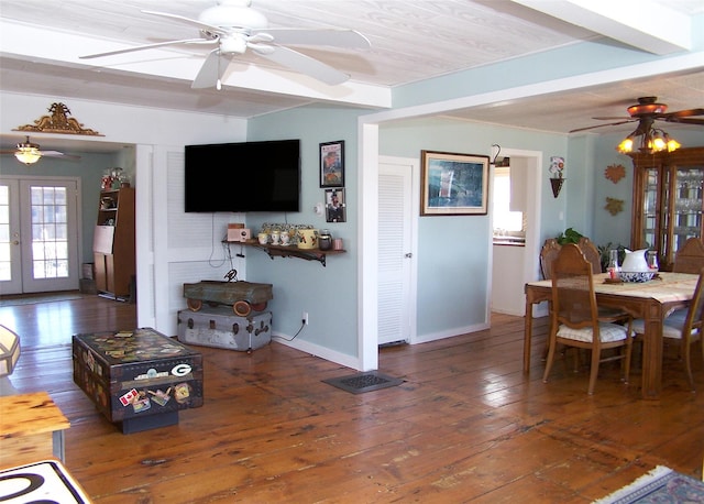 living room with ceiling fan, baseboards, hardwood / wood-style floors, and french doors