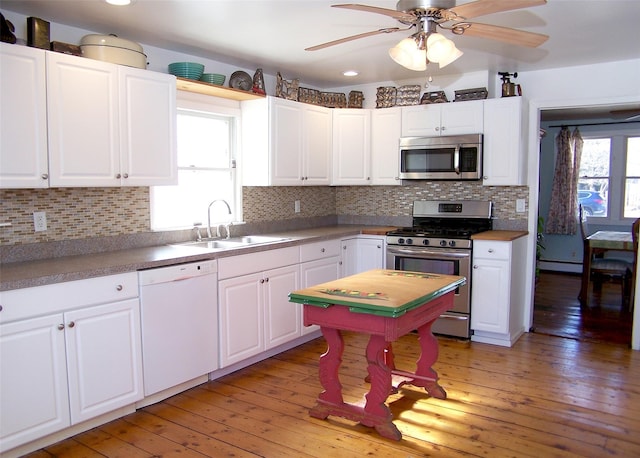 kitchen featuring light wood finished floors, plenty of natural light, stainless steel appliances, and a sink