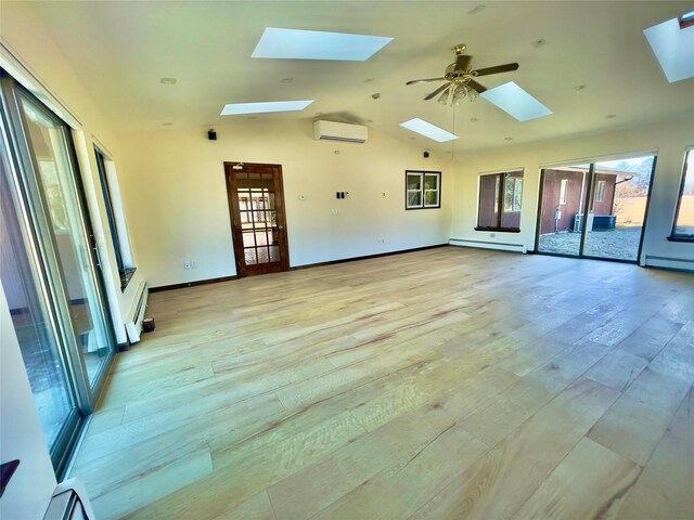 unfurnished room with a baseboard radiator, lofted ceiling, an AC wall unit, light wood-style floors, and a baseboard heating unit