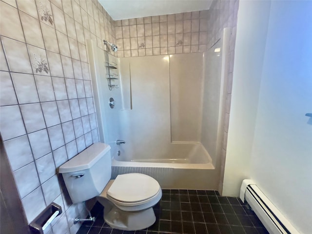 bathroom featuring a baseboard radiator, toilet, tile walls, and tile patterned flooring