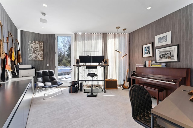 office featuring light carpet and wallpapered walls