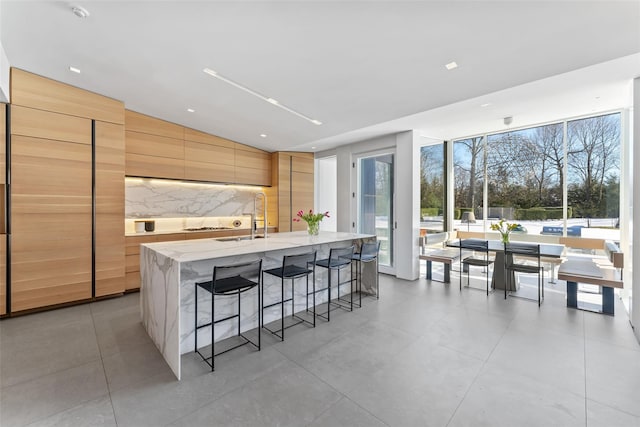 kitchen featuring lofted ceiling, decorative backsplash, a sink, an island with sink, and modern cabinets