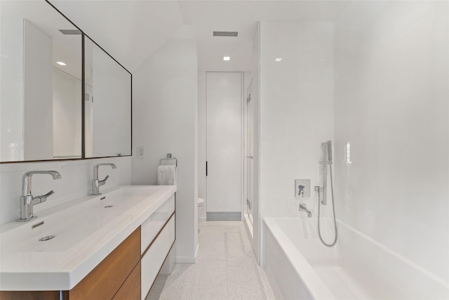 bathroom featuring visible vents, a shower, toilet, a tub, and vanity