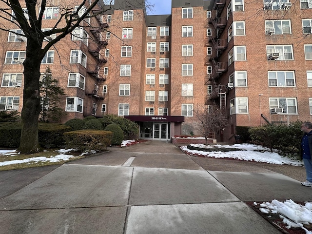 view of snow covered building