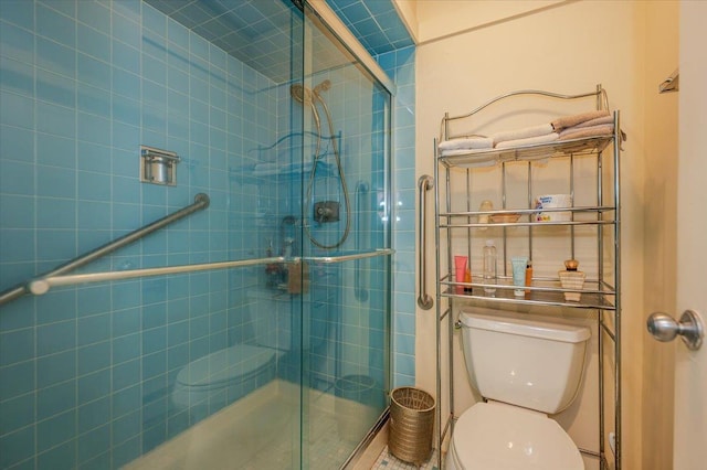 bathroom featuring a stall shower and toilet