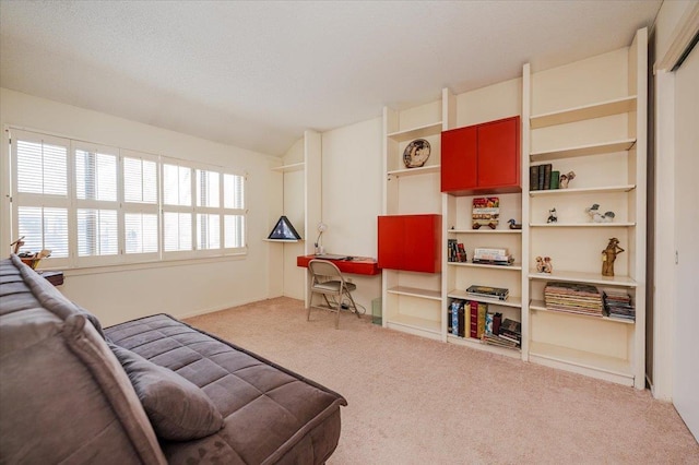 living area with lofted ceiling, carpet, and a textured ceiling