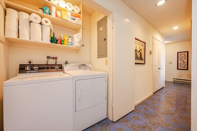 laundry area with recessed lighting, a baseboard heating unit, baseboards, independent washer and dryer, and electric panel