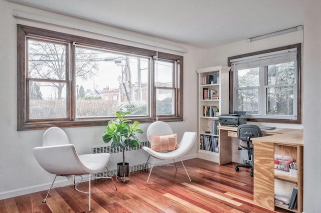 office featuring radiator heating unit, baseboards, a wealth of natural light, and wood finished floors