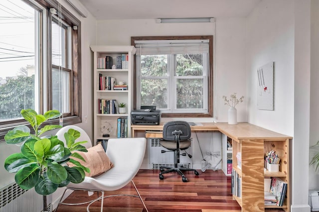 office area featuring radiator and wood finished floors