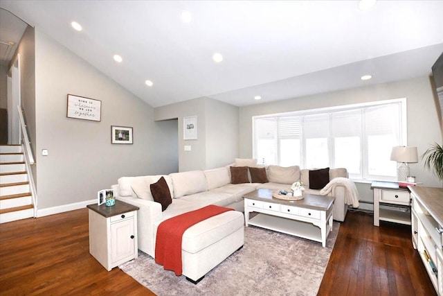 living room featuring stairway, vaulted ceiling, dark wood-style flooring, and recessed lighting