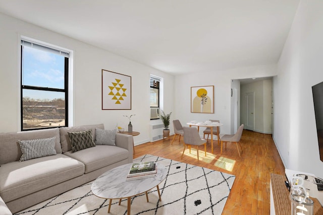 living room featuring light wood-style flooring, radiator, and cooling unit