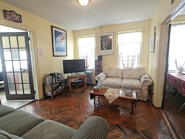 living room featuring a healthy amount of sunlight, dark parquet flooring, and radiator heating unit