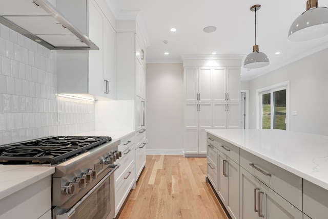 kitchen with crown molding, tasteful backsplash, high end range, light wood-style flooring, and under cabinet range hood