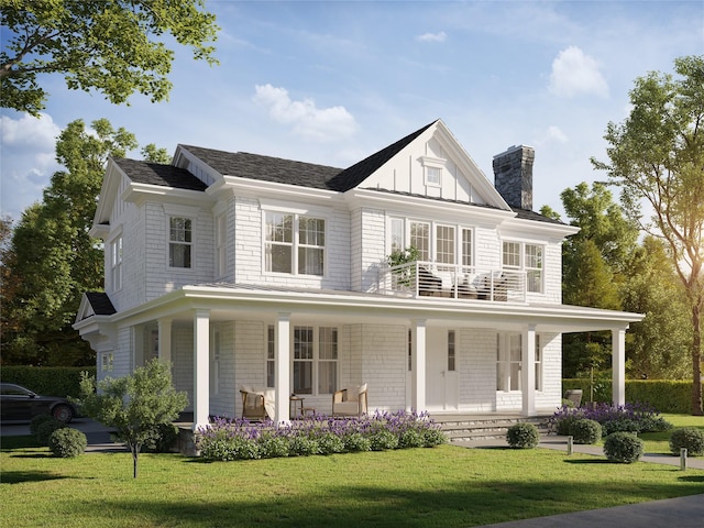 view of front of house with a porch, a balcony, a front lawn, board and batten siding, and a chimney