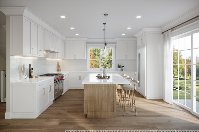 kitchen with high end stove, a healthy amount of sunlight, a center island, and white cabinetry