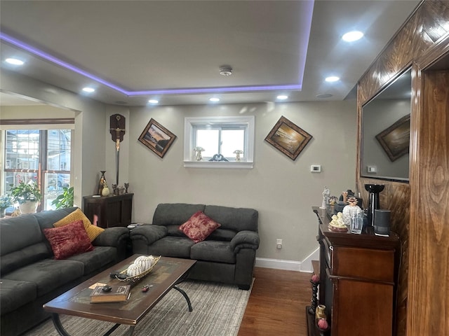110-37 213th St, Queens Village, NY 11429 - living room with dark hardwood / wood-style flooring and a raised ceiling