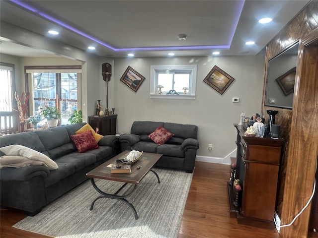 110-37 213th St, Queens Village, NY 11429 - living room featuring plenty of natural light, dark hardwood / wood-style flooring, and a raised ceiling