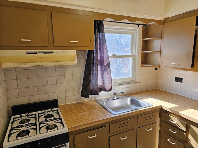 kitchen with a sink, under cabinet range hood, decorative backsplash, and gas range