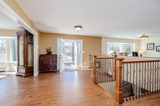 foyer with a healthy amount of sunlight, baseboards, and wood finished floors