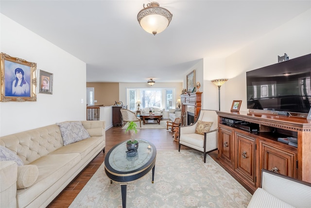 living area featuring light wood finished floors and a fireplace