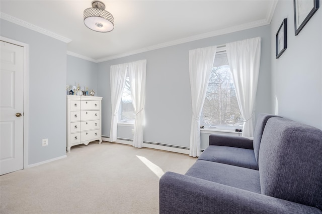 sitting room with ornamental molding, baseboards, light carpet, and baseboard heating