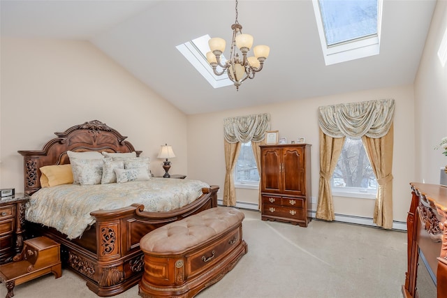 bedroom with a baseboard heating unit, vaulted ceiling with skylight, a chandelier, and light carpet